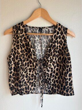 Womens Leopard Print Tie Front Vest Top Brown Black Animal Print Cropped Medium